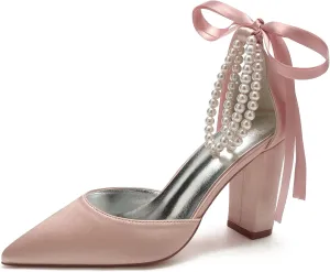 Closed Toe Pearl High Heels Satin Wedding Shoes for Bride Block Heels Bridal Shoes Prom Evening Party Dress Shoes Pumps