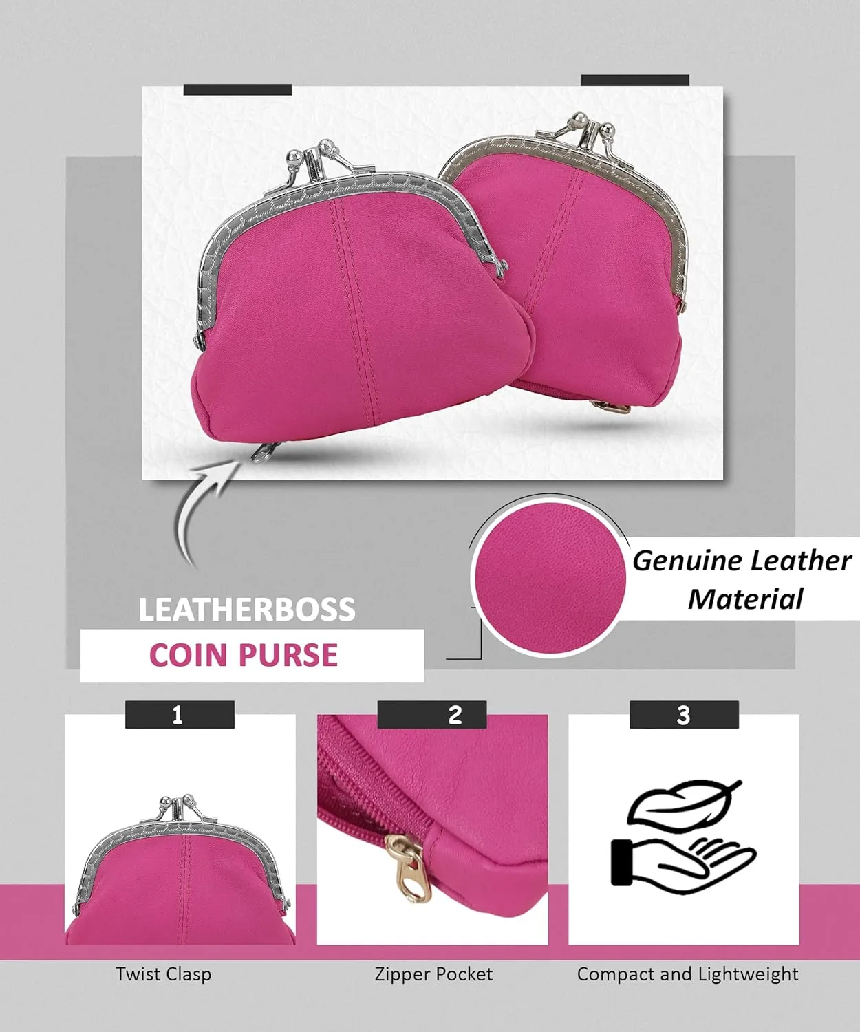 Coin Purse Double Frame with Zipper Pocket (Pink)