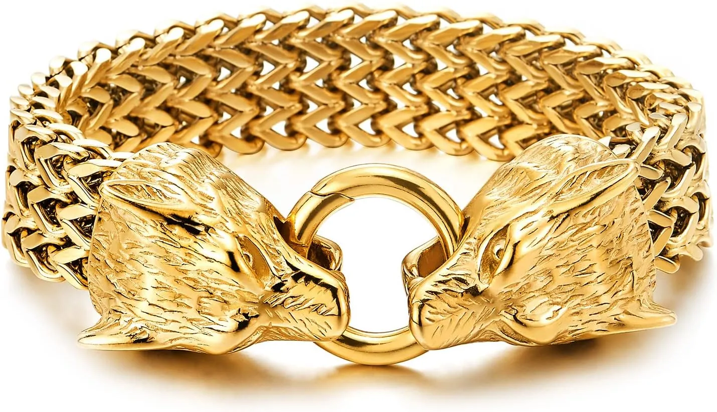 COOLSTEELANDBEYOND Biker Mens Stainless Steel Wolf Head Franco Link Curb Chain Bracelet with Spring Ring Clasp