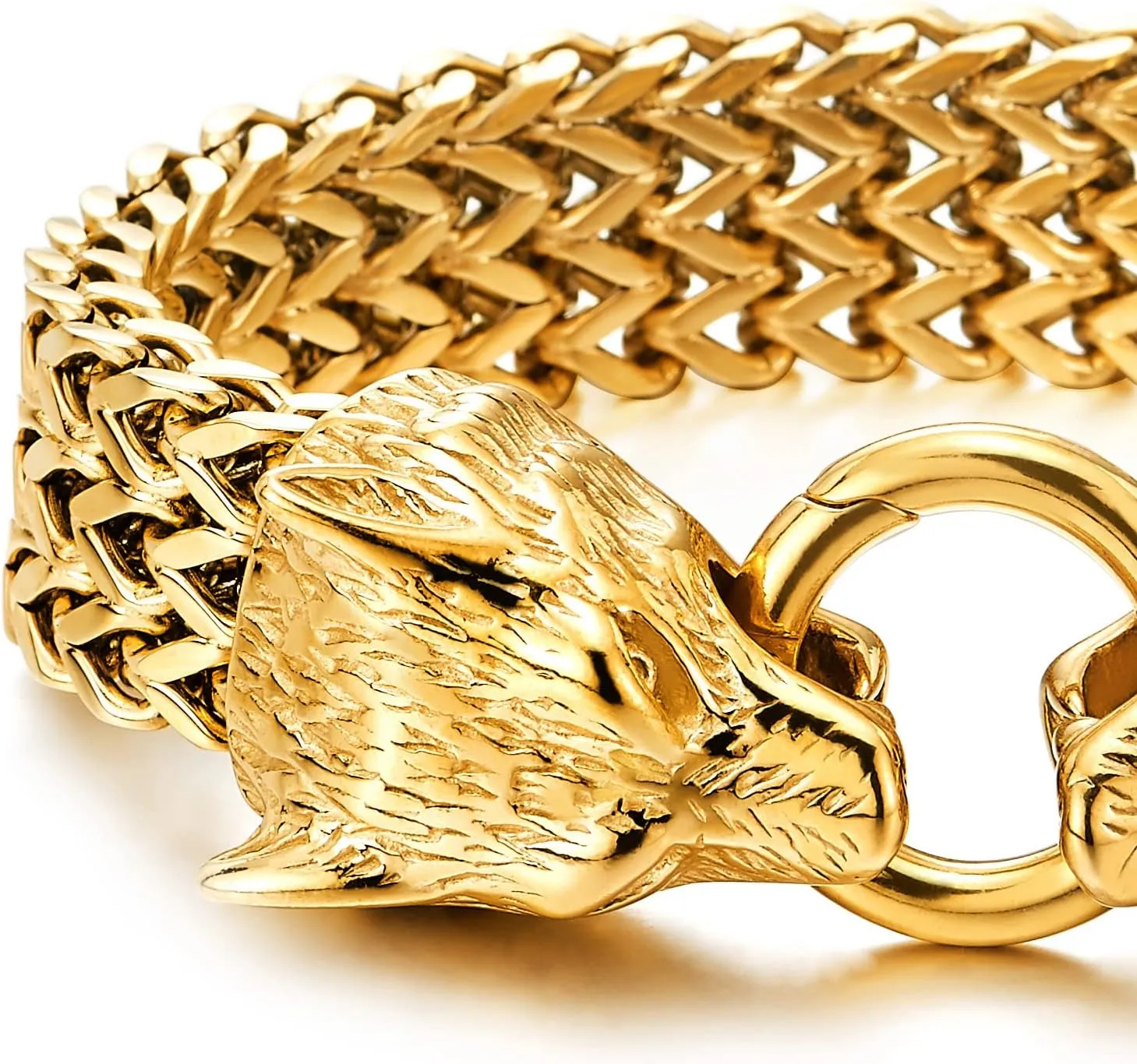 COOLSTEELANDBEYOND Biker Mens Stainless Steel Wolf Head Franco Link Curb Chain Bracelet with Spring Ring Clasp