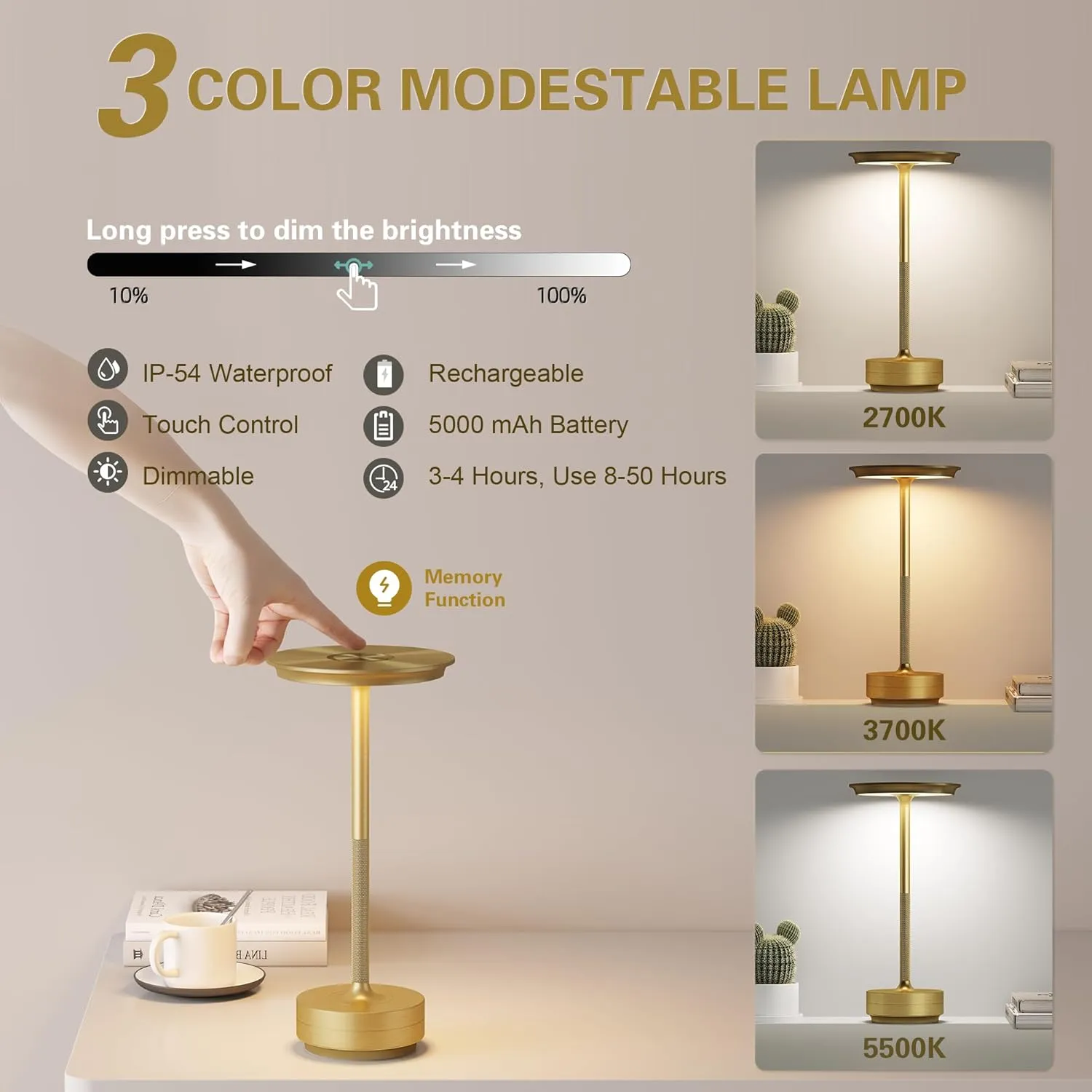 Cordless Rechargeable Table Lamp,LED Portable 5000mAh Battery Operated Table Lights,with Memory Function 3-Level Brightness for Patio, Restaurant, Cafe(2P Gold)