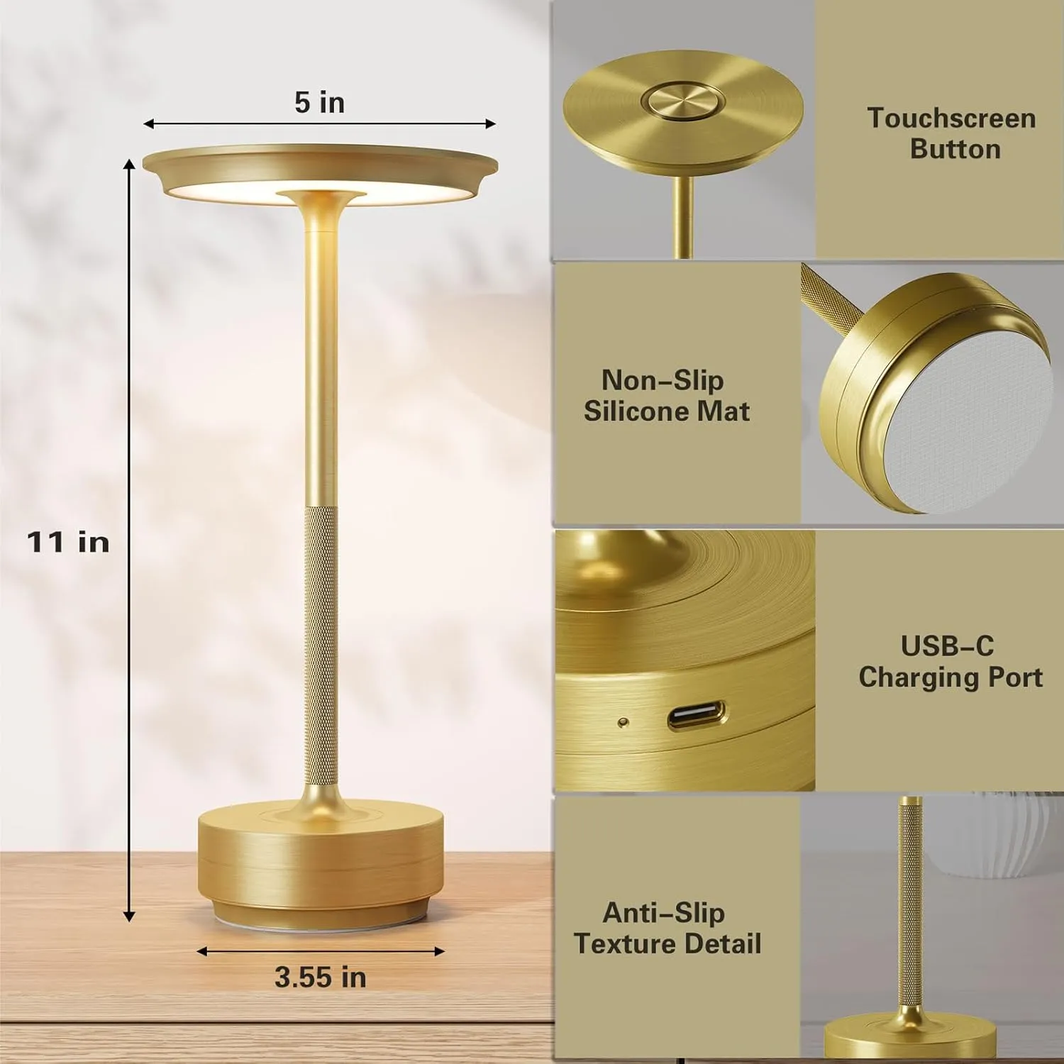 Cordless Rechargeable Table Lamp,LED Portable 5000mAh Battery Operated Table Lights,with Memory Function 3-Level Brightness for Patio, Restaurant, Cafe(2P Gold)