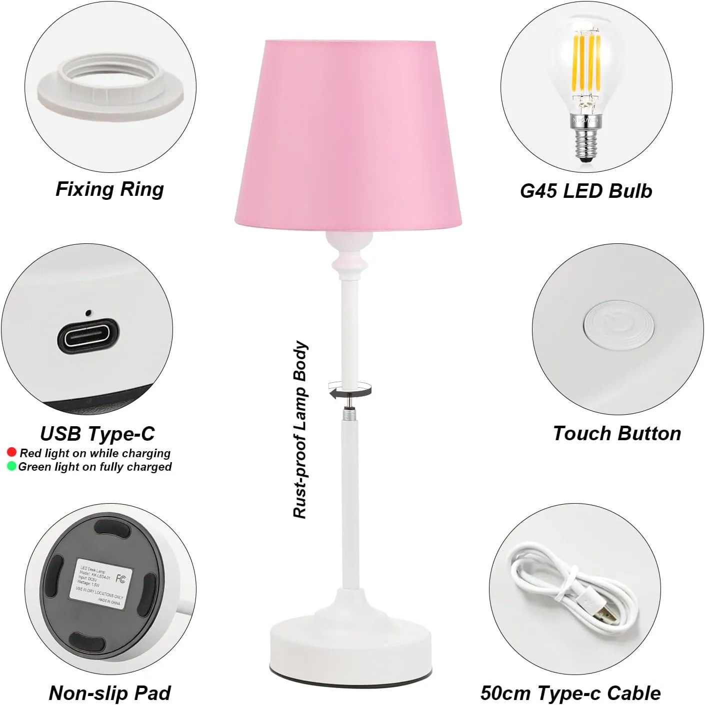 Cordless Table Lamps Rechargeable Set - 2 Pack White 4000mAH Battery Operated Lamps for Decor, 3000K Stepless Dimming Touch Control Wireless Lamps for Bedroom, Dining Table, Living Room, Pink Shade