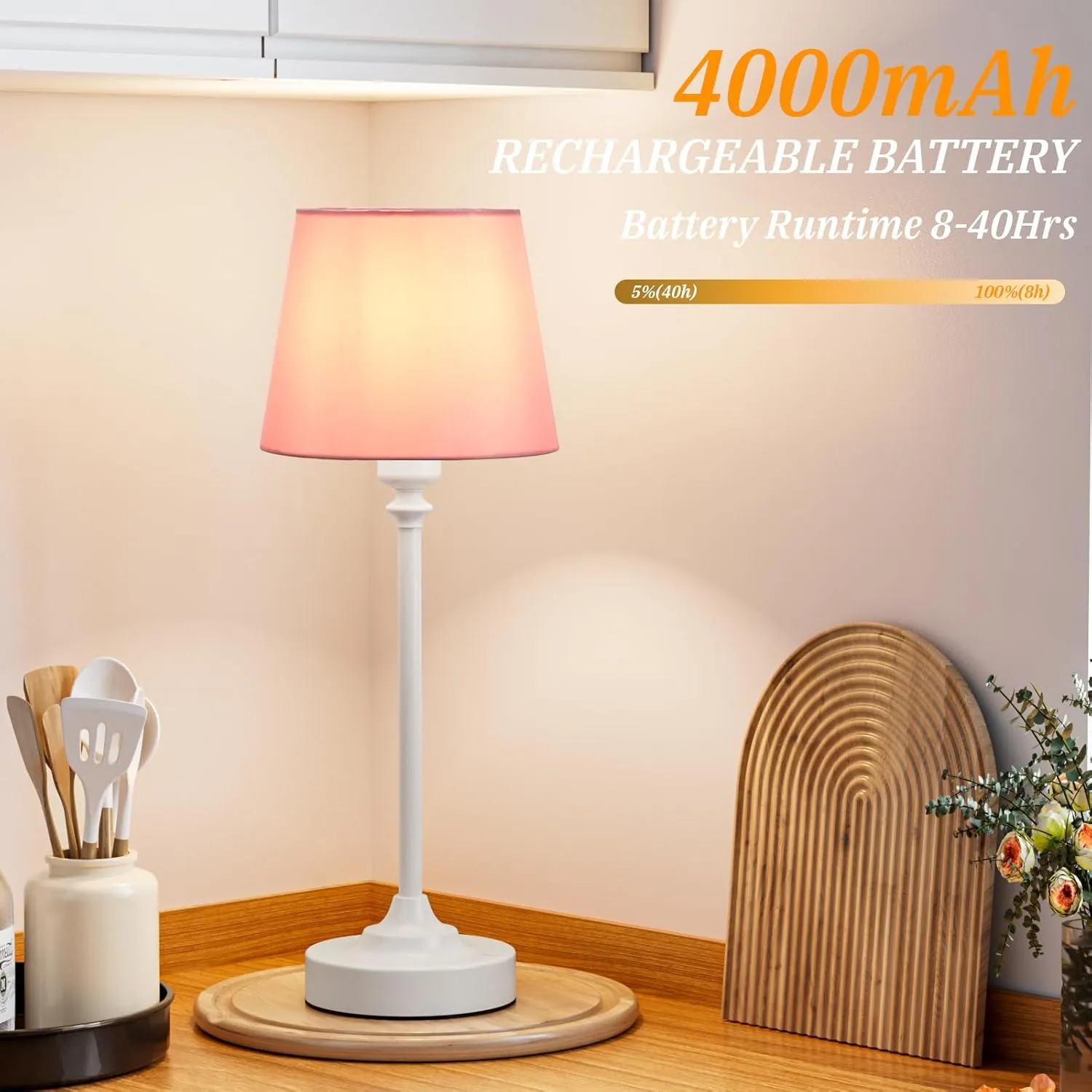 Cordless Table Lamps Rechargeable Set - 2 Pack White 4000mAH Battery Operated Lamps for Decor, 3000K Stepless Dimming Touch Control Wireless Lamps for Bedroom, Dining Table, Living Room, Pink Shade