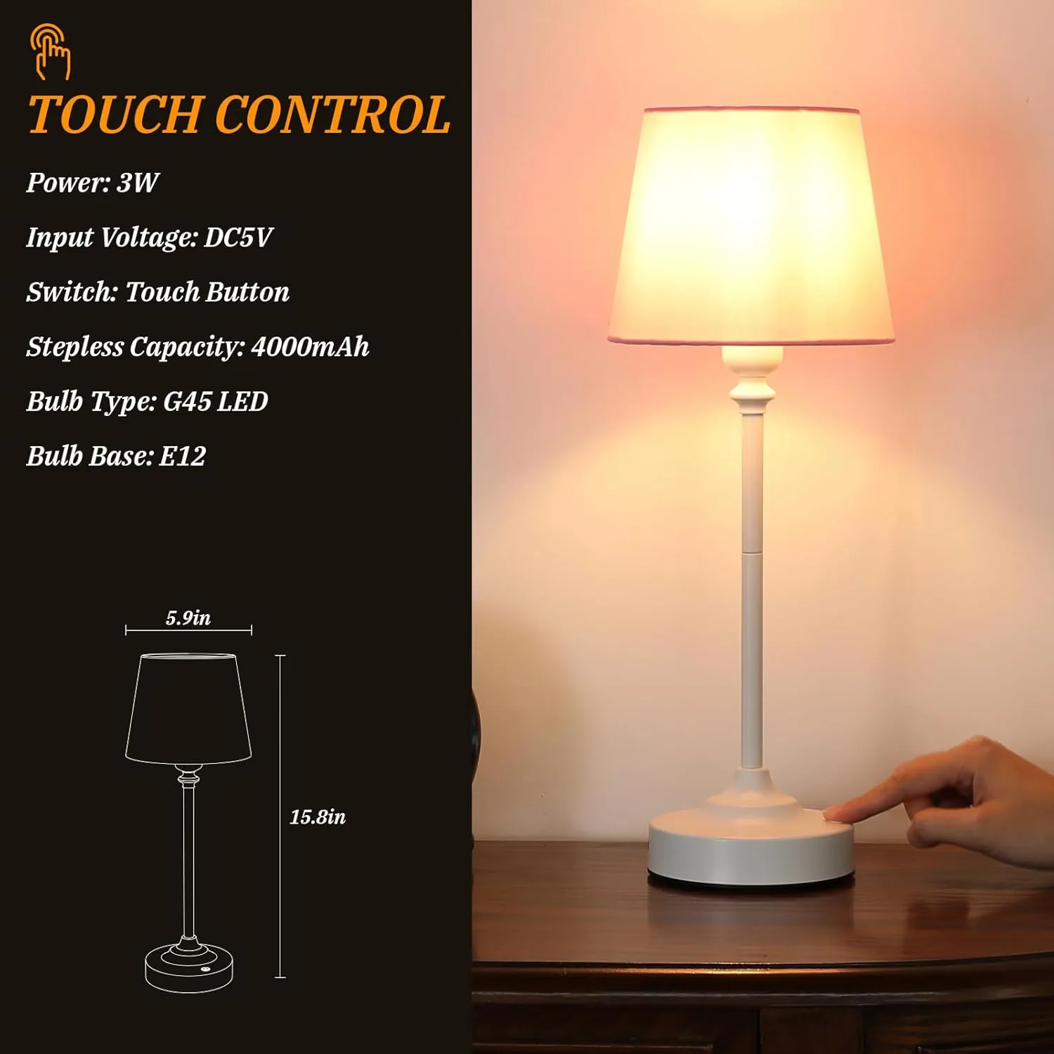 Cordless Table Lamps Rechargeable Set - 2 Pack White 4000mAH Battery Operated Lamps for Decor, 3000K Stepless Dimming Touch Control Wireless Lamps for Bedroom, Dining Table, Living Room, Pink Shade