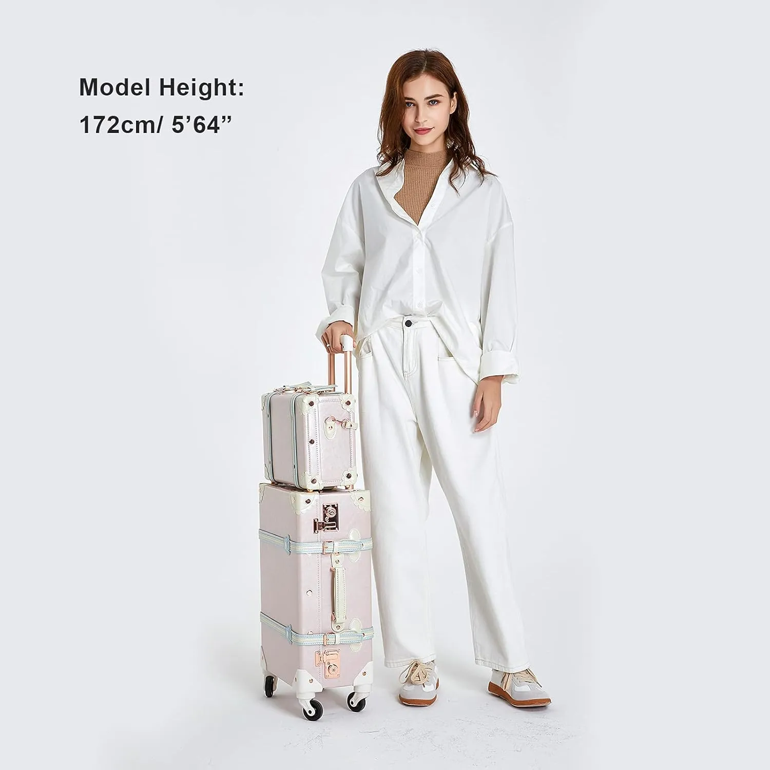 COTRUNKAGE Vintage Luggage Sets for Women, 20" Small Pink Carryon Luggage 2 Piece with Spinner Wheels, 13" Travel Cosmetic Train Case, Cherry Pink
