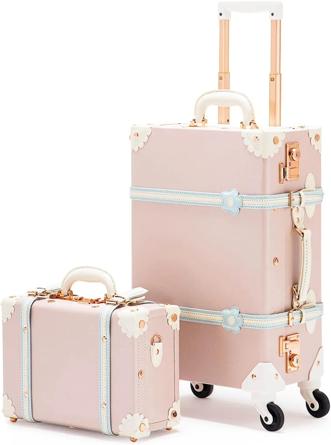 COTRUNKAGE Vintage Luggage Sets for Women, 20" Small Pink Carryon Luggage 2 Piece with Spinner Wheels, 13" Travel Cosmetic Train Case, Cherry Pink
