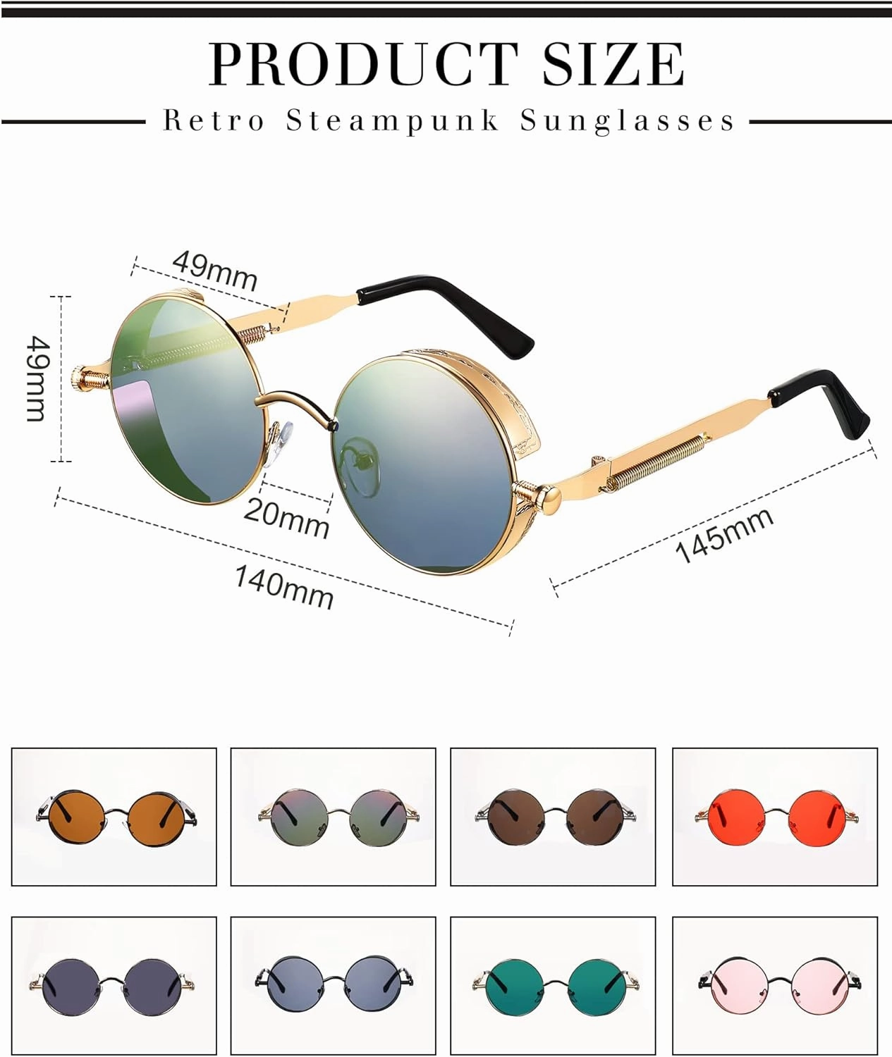 Coume 8 Pcs Retro Round Steampunk Sunglasses Gothic Sunglasses Hippy Glasses Circle Metal Frame Glasses for Men Women