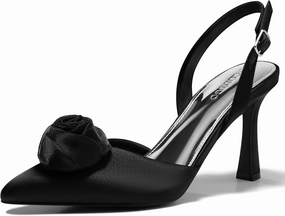 Coutgo Womens Slingback High Heels Closed Pointed Toe D'Orsay Satin Buckle Pumps Flower Wedding Dress Shoes, Black, Size 6.5