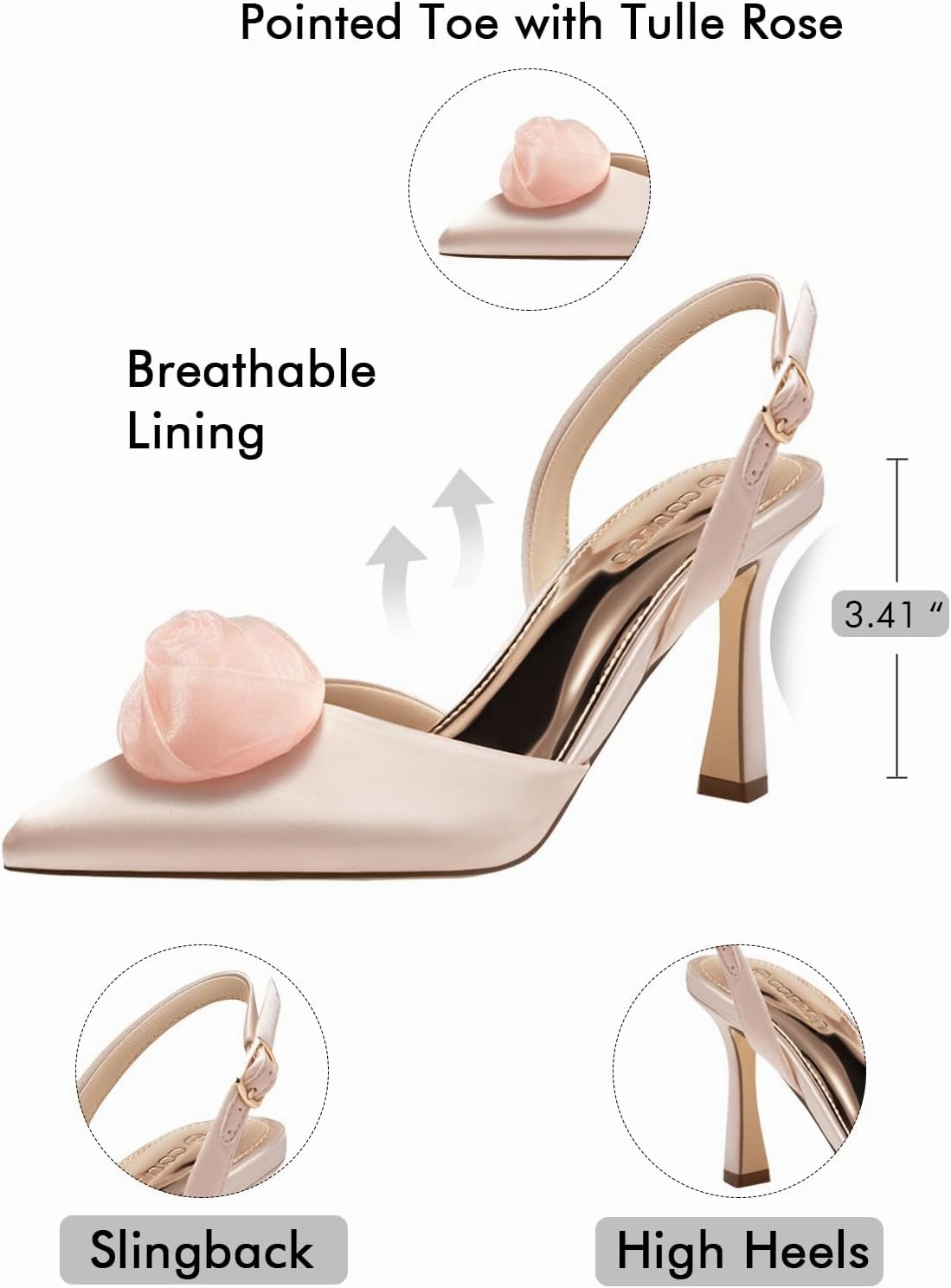 Coutgo Womens Slingback High Heels Closed Pointed Toe D'Orsay Satin Buckle Pumps Flower Wedding Dress Shoes