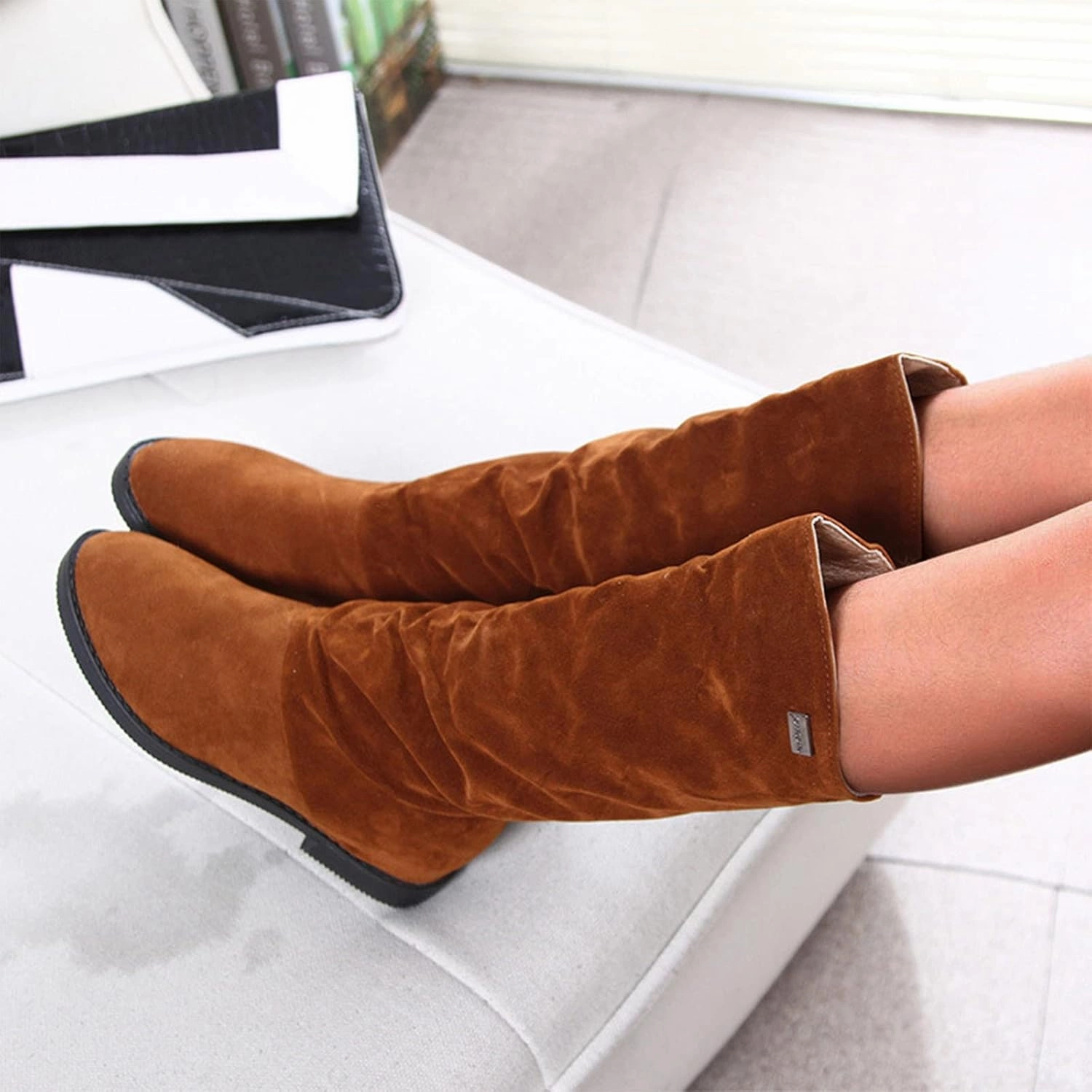 Cowboy Boots for Women Suede Wide Calf Cowgirl Boots Wide Calf Knee High Boots Classic Winter Autumn Warm Boots