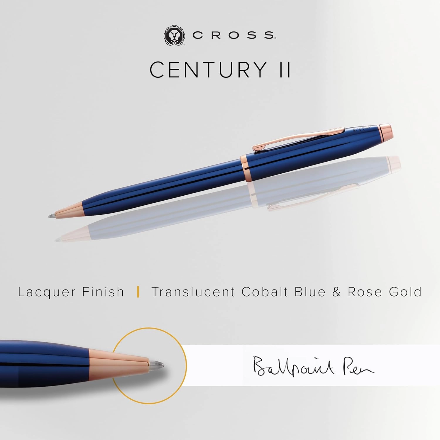 Cross Century II Refillable Ballpoint Pen Presented in a Luxury Gift Box - Medium Point, Black Ink, Translucent Cobalt Blue & Rose Gold