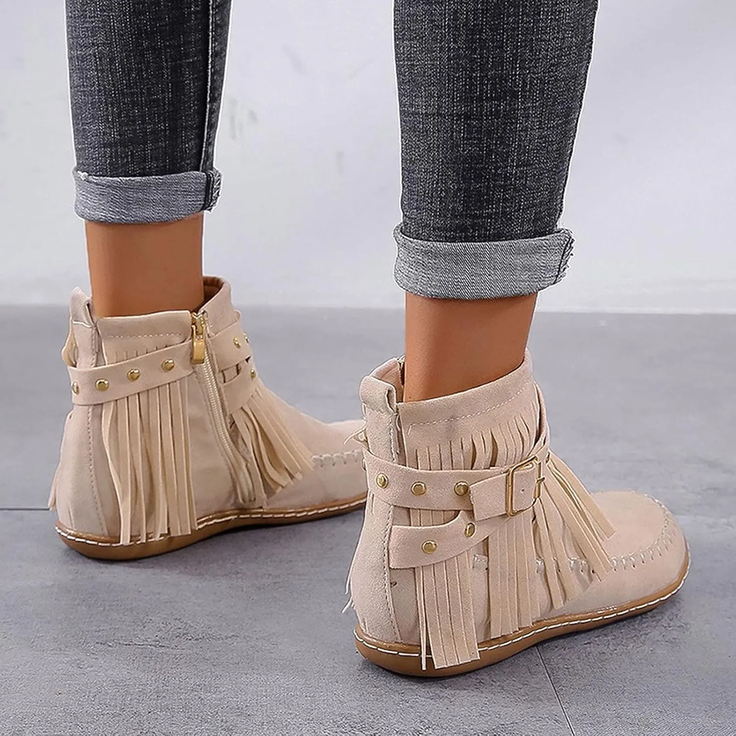Crzidha Ankle Boots for Women,Classic Tassel Booties,Classic Western Country Booties, Buckle Strap Short Boots,Suede Round Toe Falt Boots,Comfy Snow Warm Work Walking Shoes