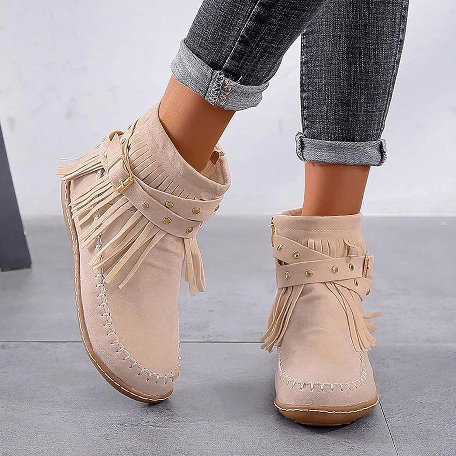 Crzidha Ankle Boots for Women,Classic Tassel Booties,Classic Western Country Booties, Buckle Strap Short Boots,Suede Round Toe Falt Boots,Comfy Snow Warm Work Walking Shoes