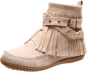 Crzidha Ankle Boots for Women,Classic Tassel Booties,Classic Western Country Booties, Buckle Strap Short Boots,Suede Round Toe Falt Boots,Comfy Snow Warm Work Walking Shoes