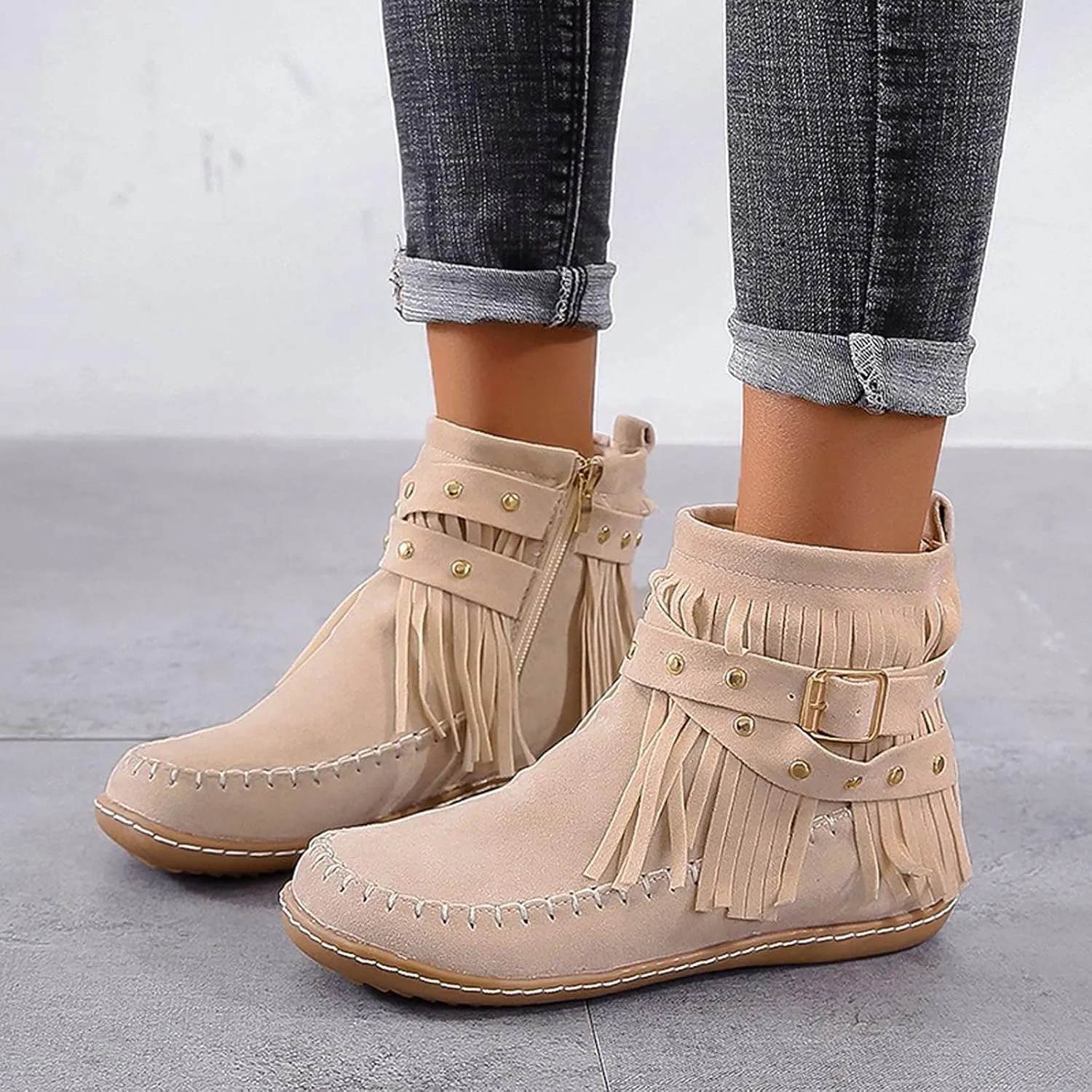 Crzidha Ankle Boots for Women,Classic Tassel Booties,Classic Western Country Booties, Buckle Strap Short Boots,Suede Round Toe Falt Boots,Comfy Snow Warm Work Walking Shoes
