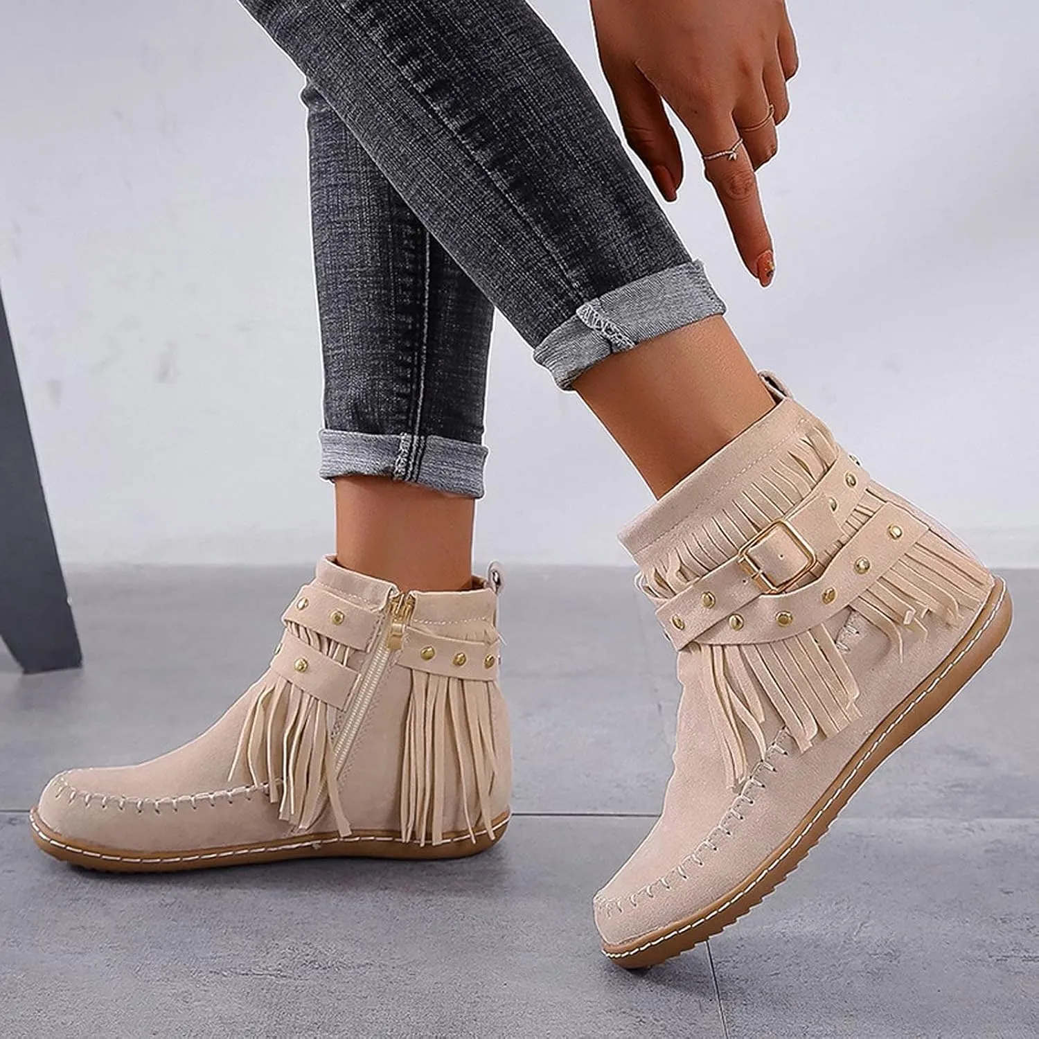 Crzidha Ankle Boots for Women,Classic Tassel Booties,Classic Western Country Booties, Buckle Strap Short Boots,Suede Round Toe Falt Boots,Comfy Snow Warm Work Walking Shoes