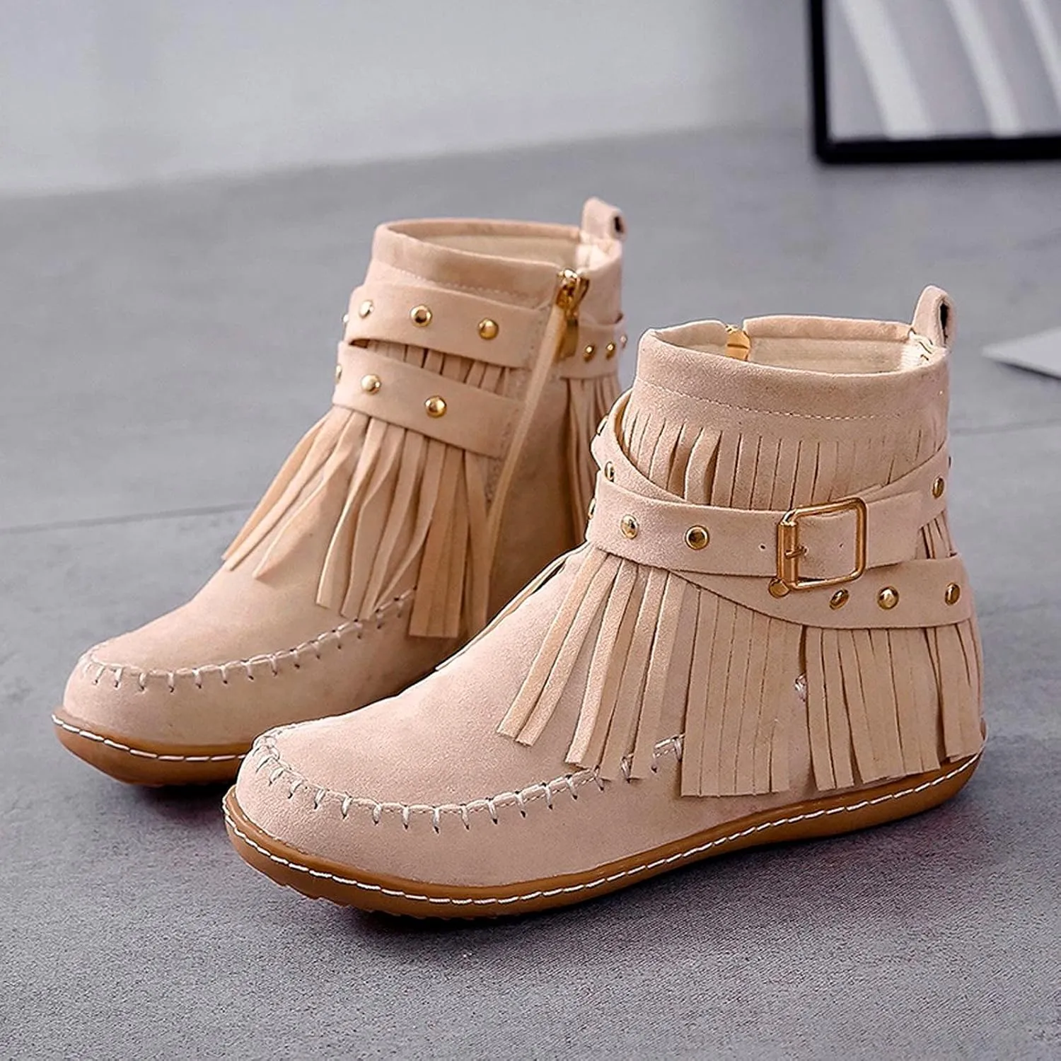 Crzidha Ankle Boots for Women,Classic Tassel Booties,Classic Western Country Booties, Buckle Strap Short Boots,Suede Round Toe Falt Boots,Comfy Snow Warm Work Walking Shoes