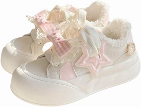 Cute Sneakers for Women - 2’’ Height Boost Casual Shoes with Star & Checkerboard Design French Bow Platform Sneakers Non-Slip Retro Lace-Up Shoes for Daily Outfits