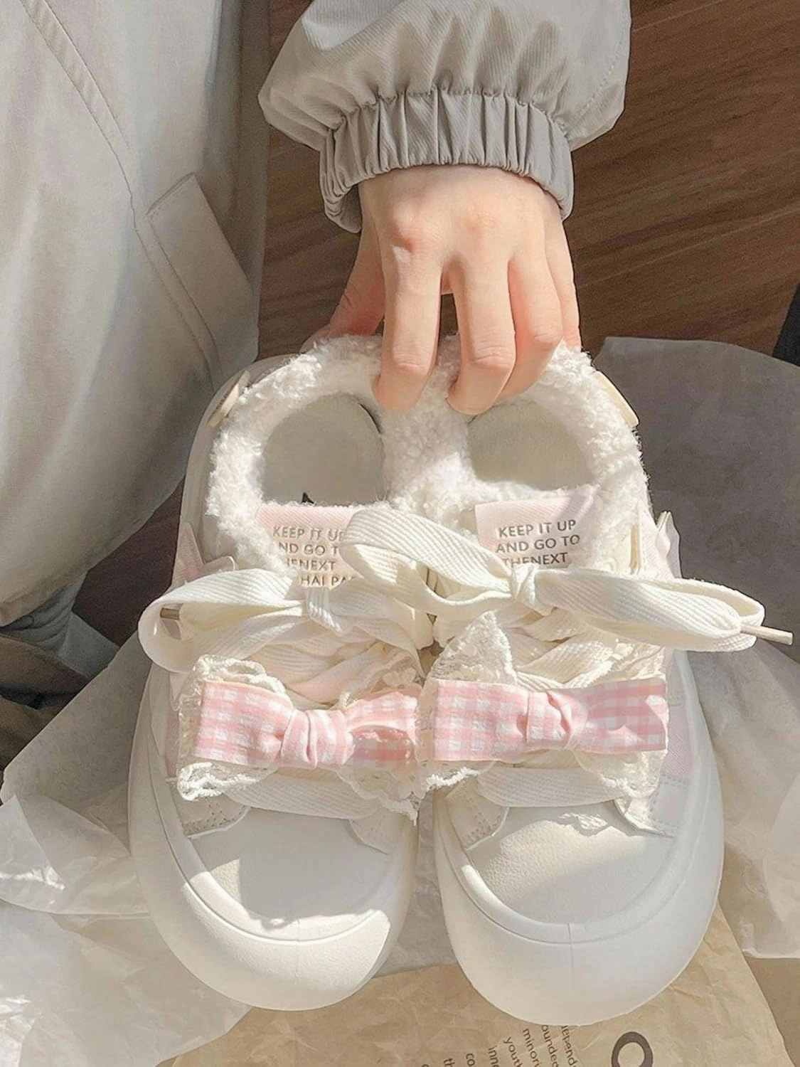 Cute Sneakers for Women - 2’’ Height Boost Casual Shoes with Star & Checkerboard Design French Bow Platform Sneakers Non-Slip Retro Lace-Up Shoes for Daily Outfits