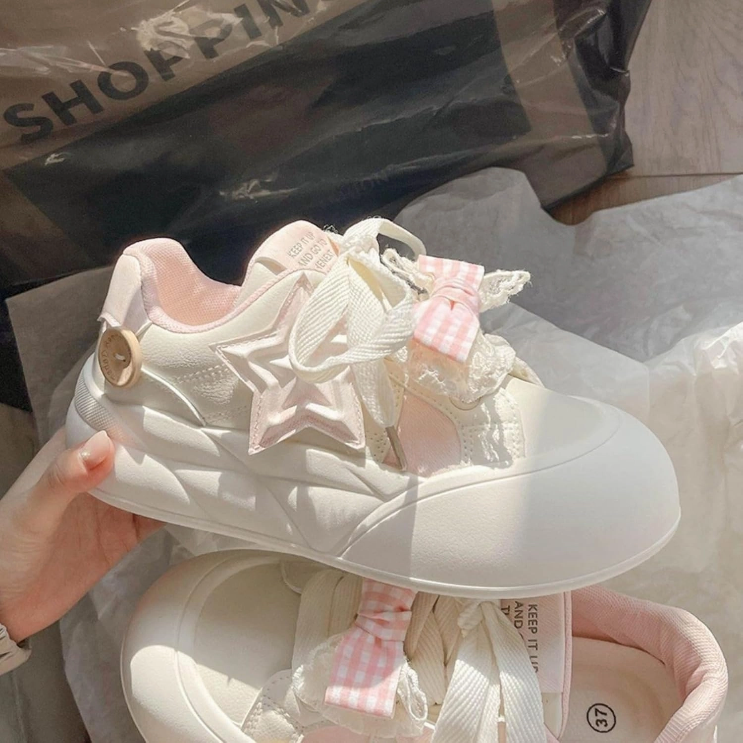 Cute Sneakers for Women - 2’’ Height Boost Casual Shoes with Star & Checkerboard Design French Bow Platform Sneakers Non-Slip Retro Lace-Up Shoes for Daily Outfits