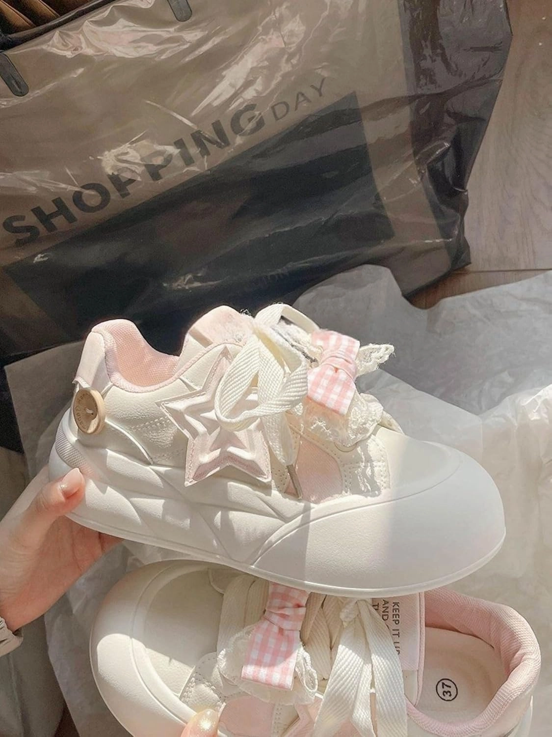 Cute Sneakers for Women - 2’’ Height Boost Casual Shoes with Star & Checkerboard Design French Bow Platform Sneakers Non-Slip Retro Lace-Up Shoes for Daily Outfits