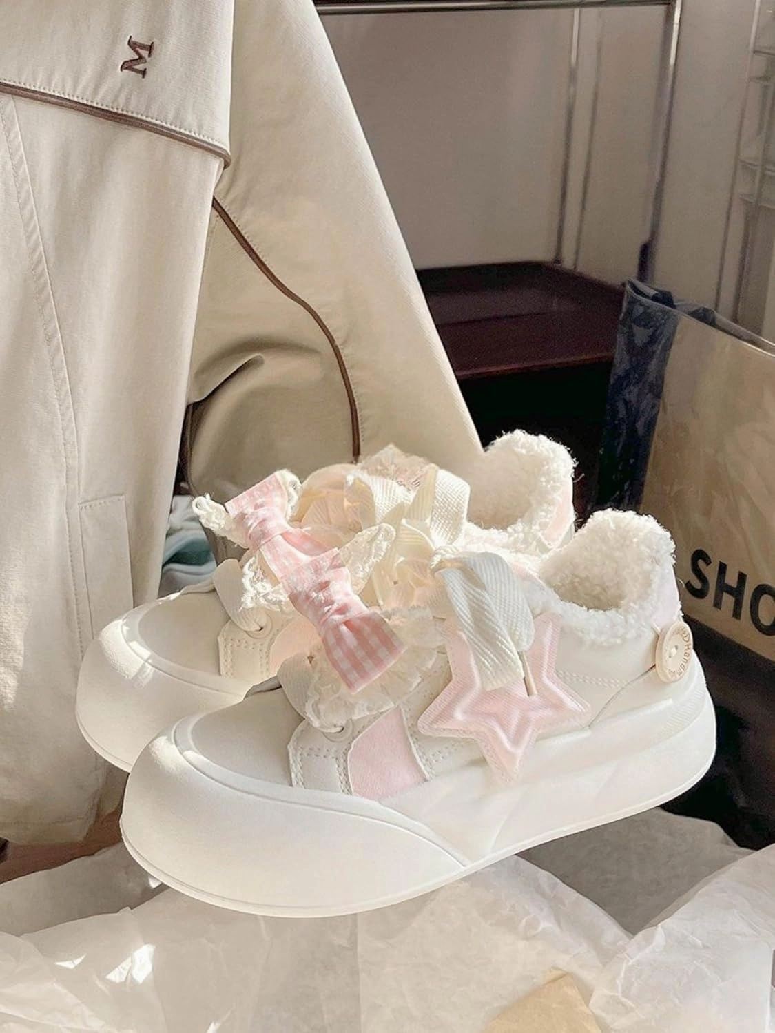 Cute Sneakers for Women - 2’’ Height Boost Casual Shoes with Star & Checkerboard Design French Bow Platform Sneakers Non-Slip Retro Lace-Up Shoes for Daily Outfits