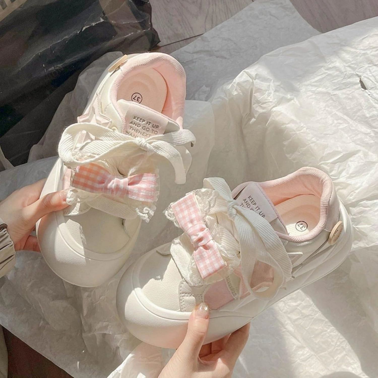 Cute Sneakers for Women - 2’’ Height Boost Casual Shoes with Star & Checkerboard Design French Bow Platform Sneakers Non-Slip Retro Lace-Up Shoes for Daily Outfits
