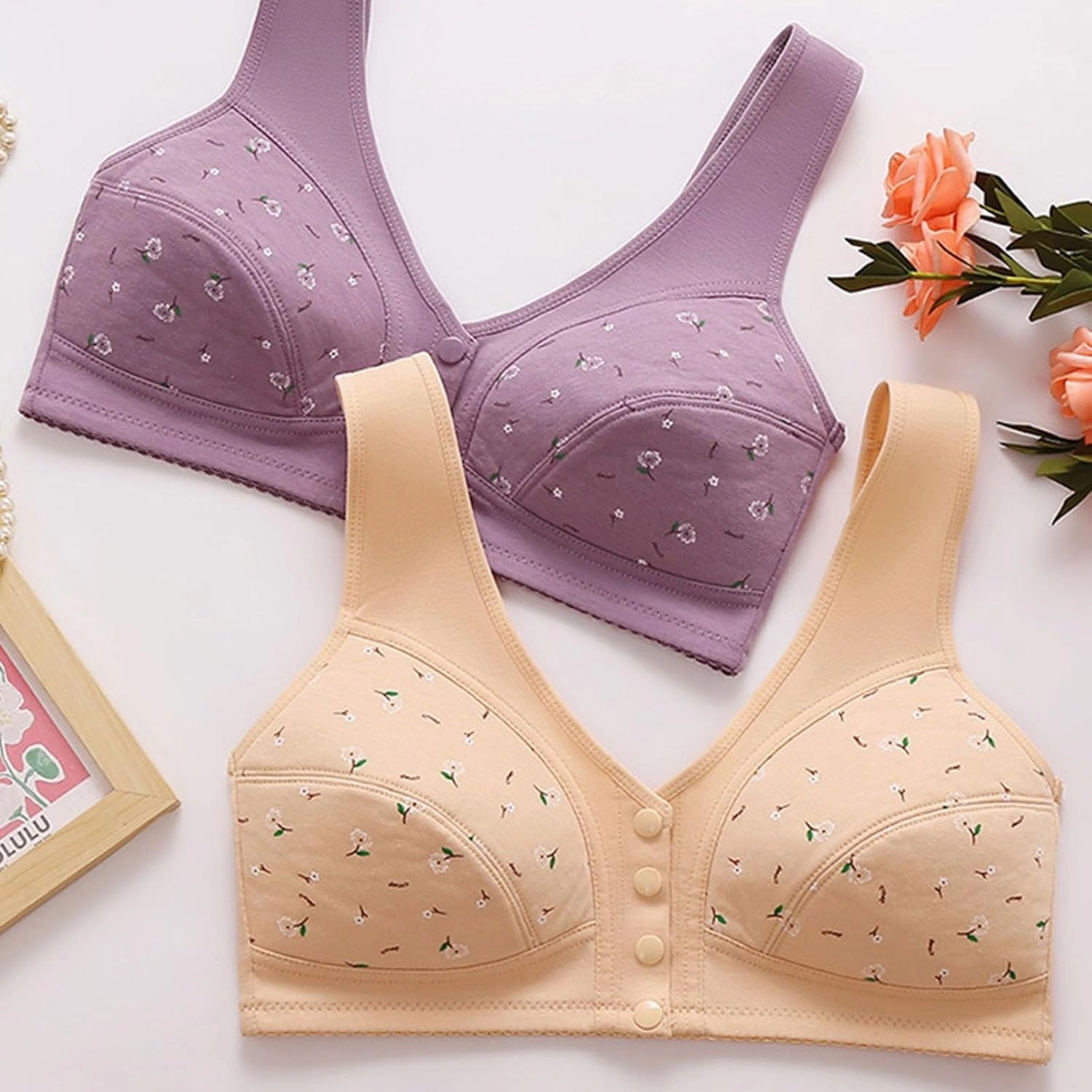 Daisy Bras for Older Women Front Closure Bra Cotton Bra Full Coverage Comfortable Bra No Underwire Plus Size Bra