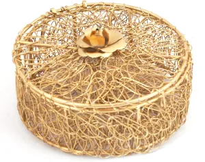 Decorative Wire Mesh Jewelry Box with Gold Rose, Round Metal Storage Container, Gold Decorative Party Hamper, For Gifting, (Round Basket [8X8X7] IN)