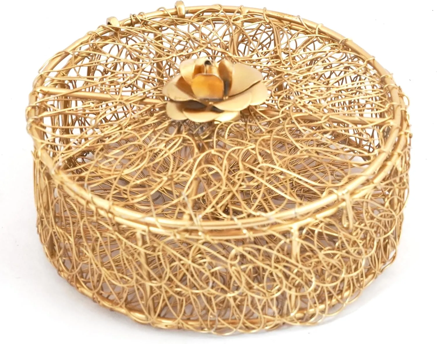 Decorative Wire Mesh Jewelry Box with Gold Rose, Round Metal Storage Container, Gold Decorative Party Hamper, For Gifting, (Round Basket [8X8X7] IN)