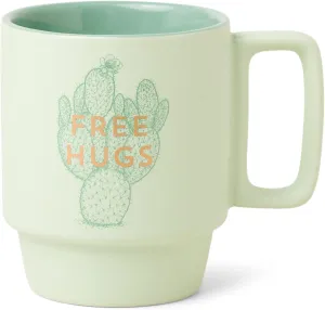 DesignWorks Ink Vintage Sass Stackable Ceramic Mug with Handle, Green Cup with Gold Accents Free Hugs Cactus Funny Pun Office Gift Cute Decorative Coffee Mug, 12-Ounce