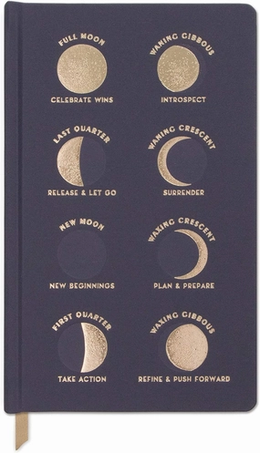 Designworks Ink Cloth Hardcover Journal Notebook with Lined Pages and Ribbon Marker for Work, Writing, Journaling - Charcoal Blue Journal with Gold Moon Phases and Affirmations 5.125" x 8.25"