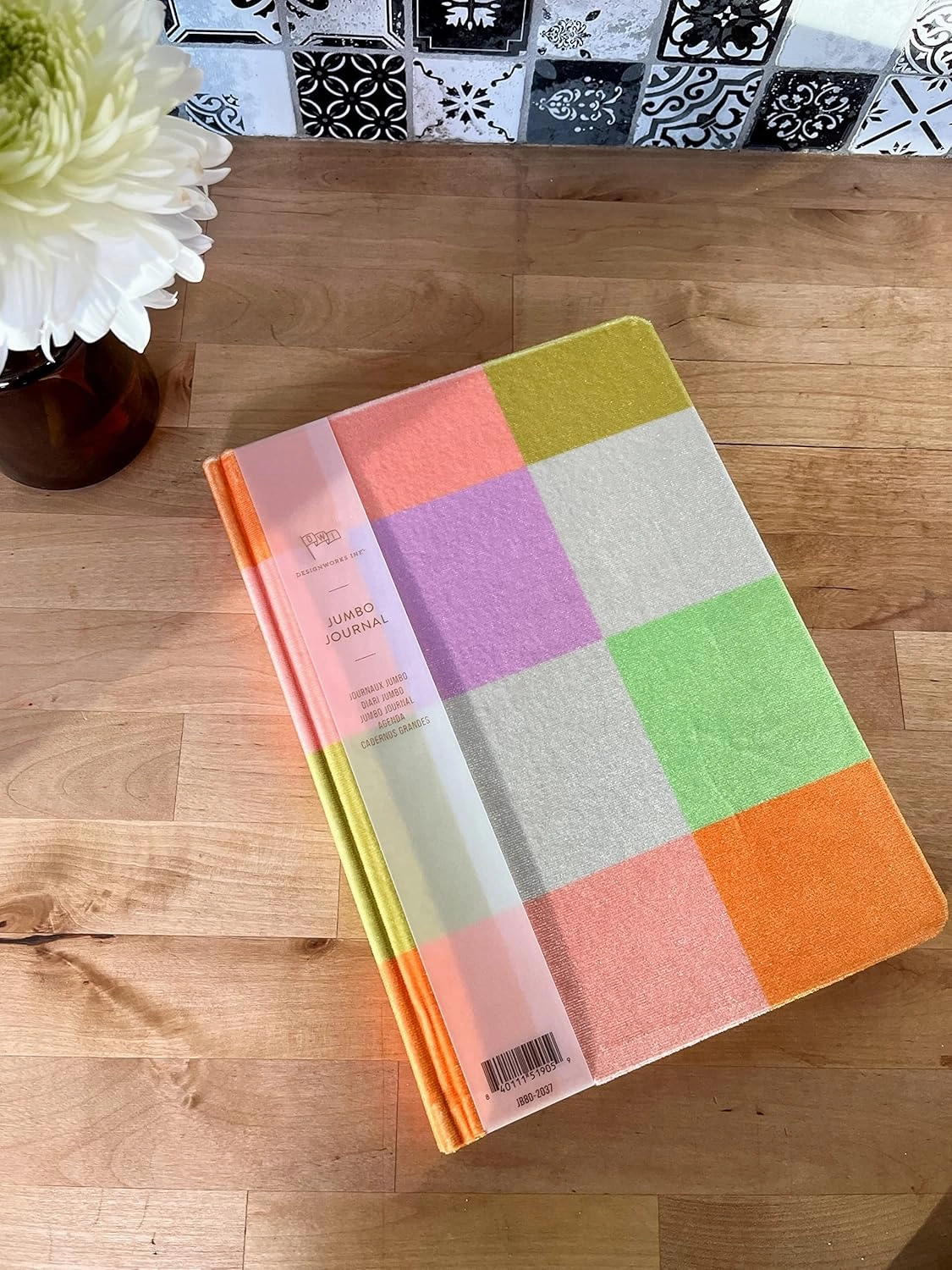 DesignWorks Ink Jumbo 7.5" x 10.25" Notebook Journal with 200 Lined Pages, Ribbon Marker, and Pockets, Velvet Rainbow Check