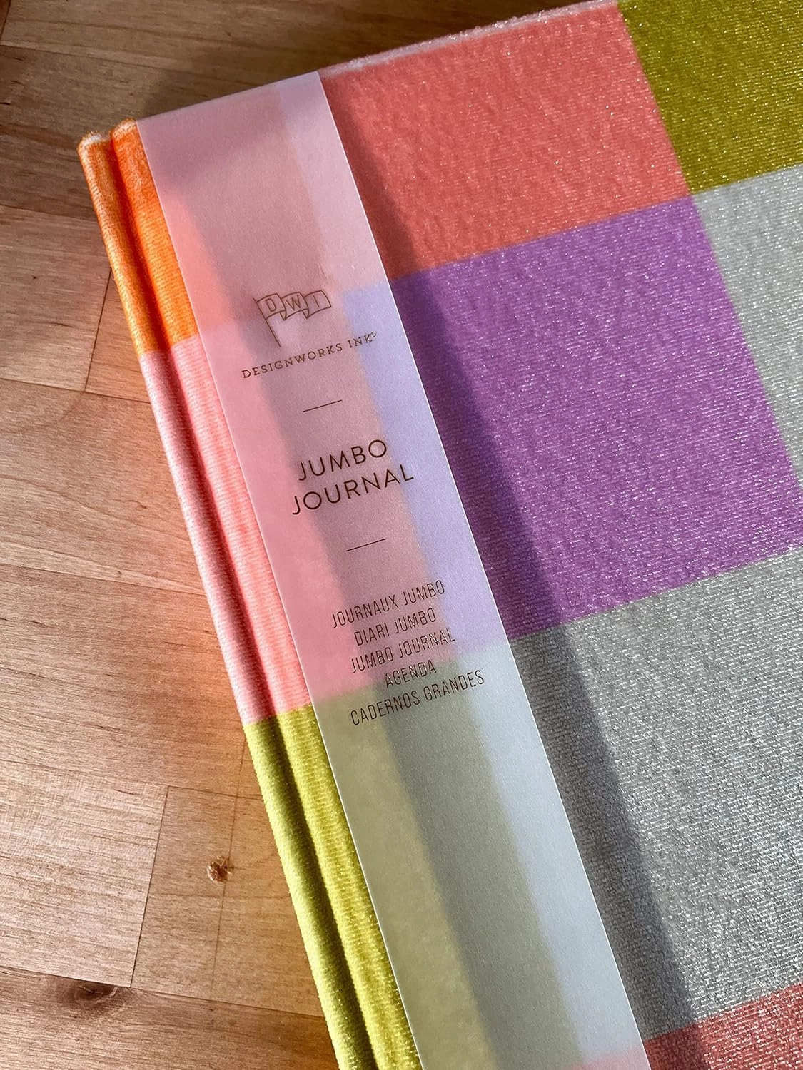 DesignWorks Ink Jumbo 7.5" x 10.25" Notebook Journal with 200 Lined Pages, Ribbon Marker, and Pockets, Velvet Rainbow Check