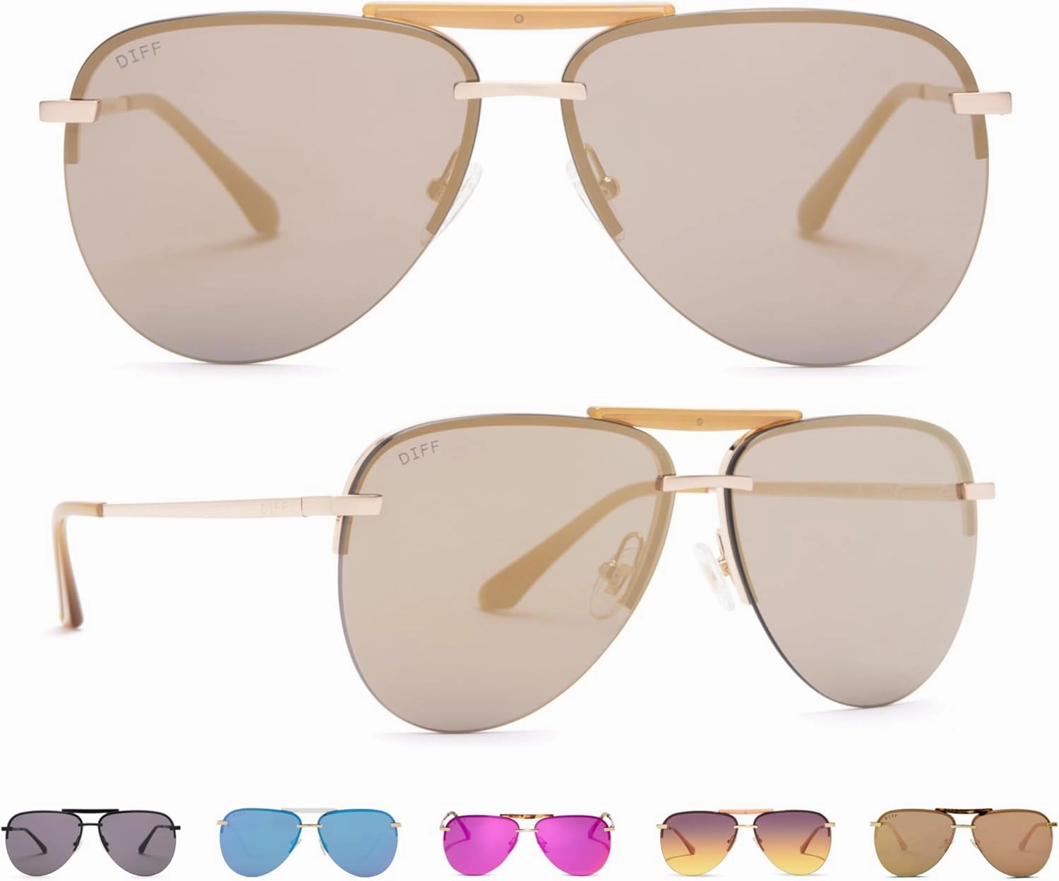 DIFF Tahoe Designer Oversized Aviator Sunglasses for Women UV400 Protection, Brushed Matte Gold Frames