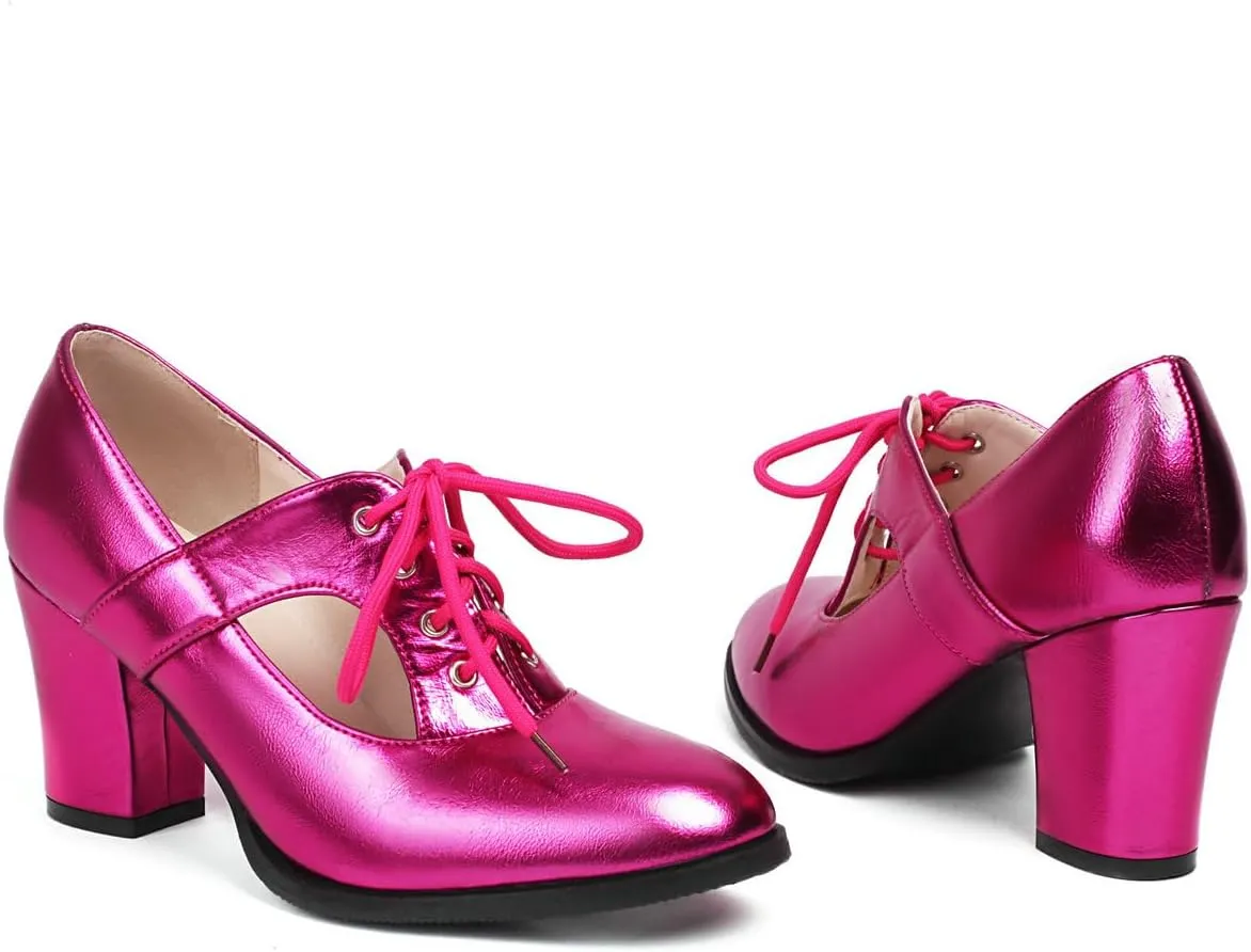 DINTAHA Metallic Heels,Oxford Heels for Women,Chunky Lace Up Oxfords Women
