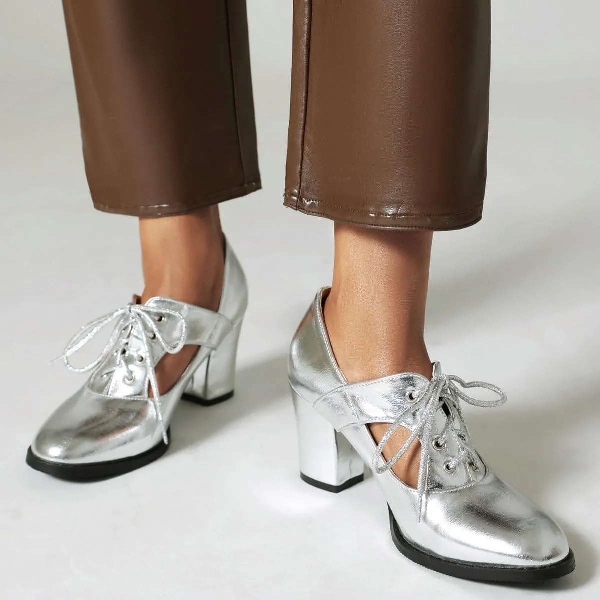 DINTAHA Metallic Heels,Oxford Heels for Women,Chunky Lace Up Oxfords Women