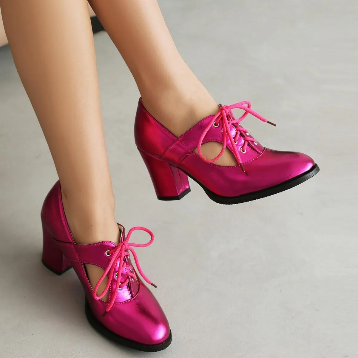DINTAHA Metallic Heels,Oxford Heels for Women,Chunky Lace Up Oxfords Women