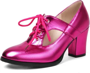DINTAHA Metallic Heels,Oxford Heels for Women,Chunky Lace Up Oxfords Women