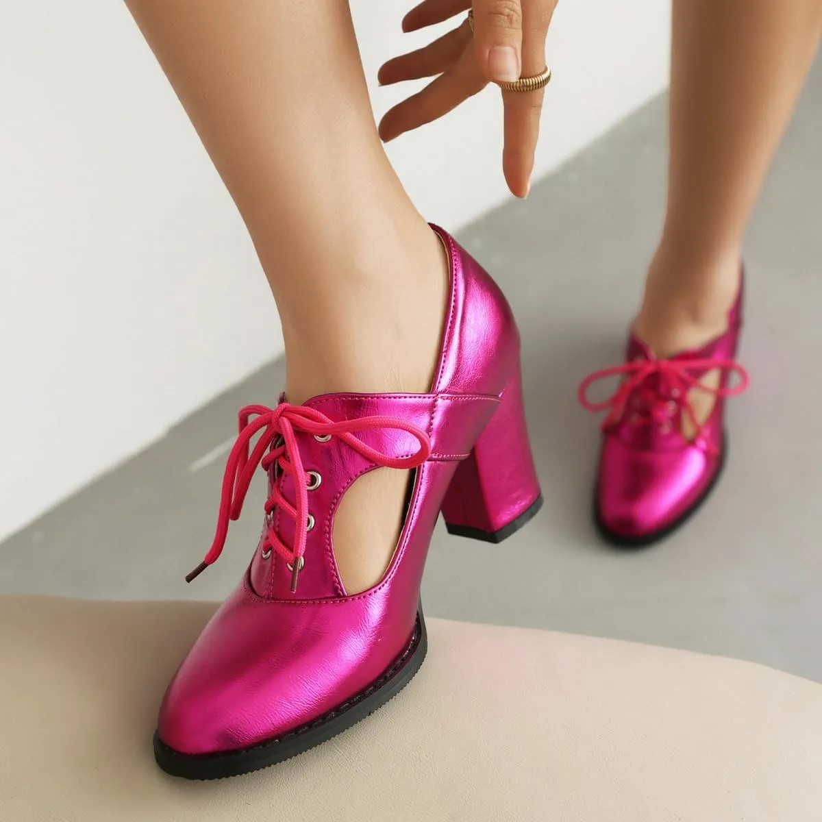 DINTAHA Metallic Heels,Oxford Heels for Women,Chunky Lace Up Oxfords Women