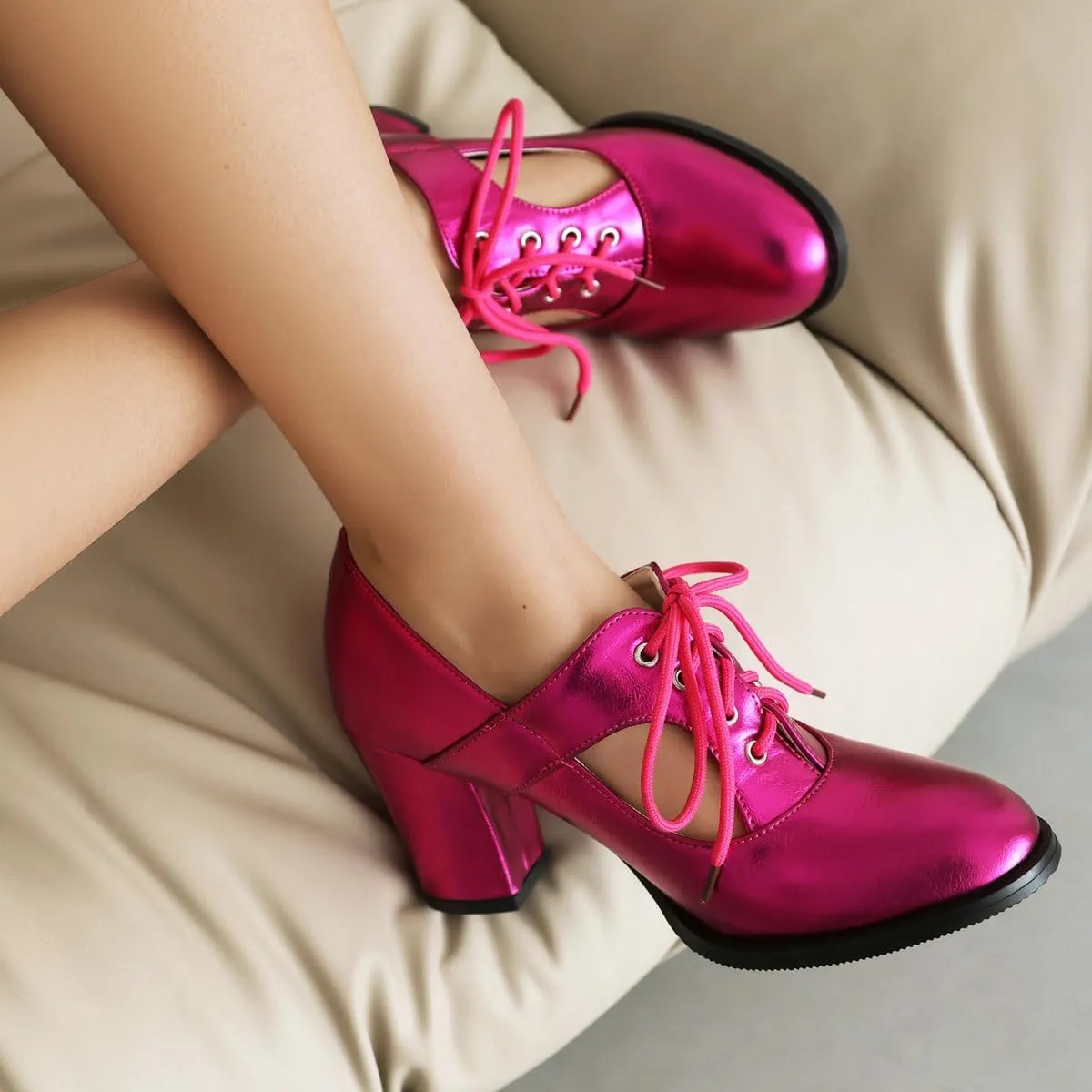 DINTAHA Metallic Heels,Oxford Heels for Women,Chunky Lace Up Oxfords Women