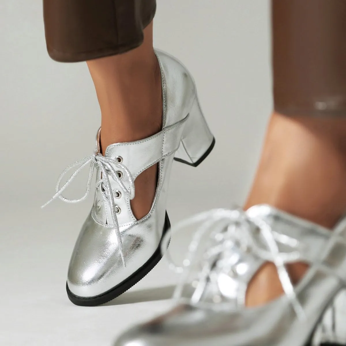 DINTAHA Metallic Heels,Oxford Heels for Women,Chunky Lace Up Oxfords Women