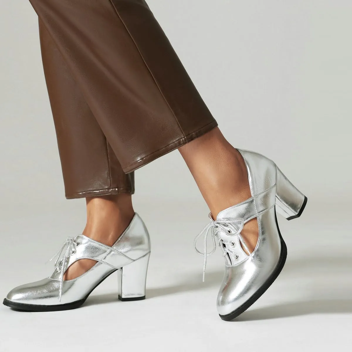 DINTAHA Metallic Heels,Oxford Heels for Women,Chunky Lace Up Oxfords Women