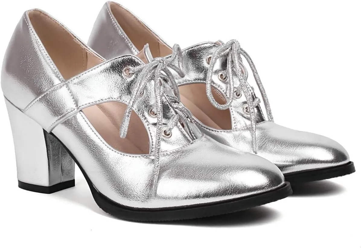 DINTAHA Metallic Heels,Oxford Heels for Women,Chunky Lace Up Oxfords Women