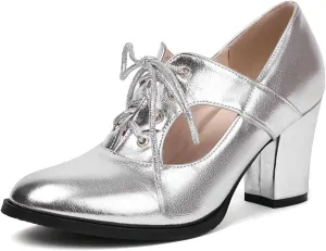 DINTAHA Metallic Heels,Oxford Heels for Women,Chunky Lace Up Oxfords Women