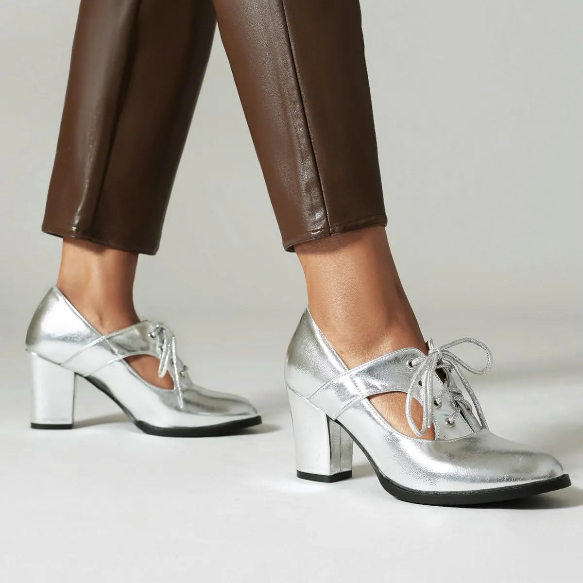 DINTAHA Metallic Heels,Oxford Heels for Women,Chunky Lace Up Oxfords Women