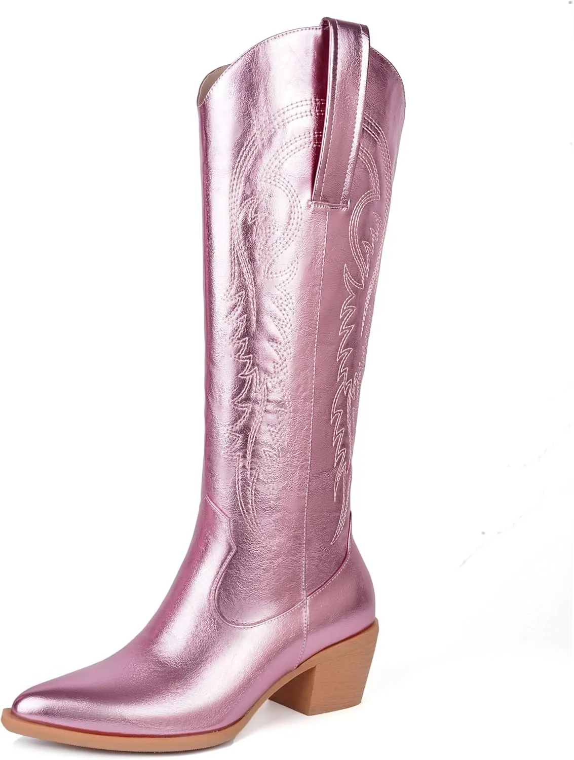 DOBOYG Women Cowboy Boots Western Embroidered Knee High Wide Calf Country Boots Chunky Heel Retro Classic Pull On Tall Cowgirl Boots for Women Perfect for Country Concert Outfits
