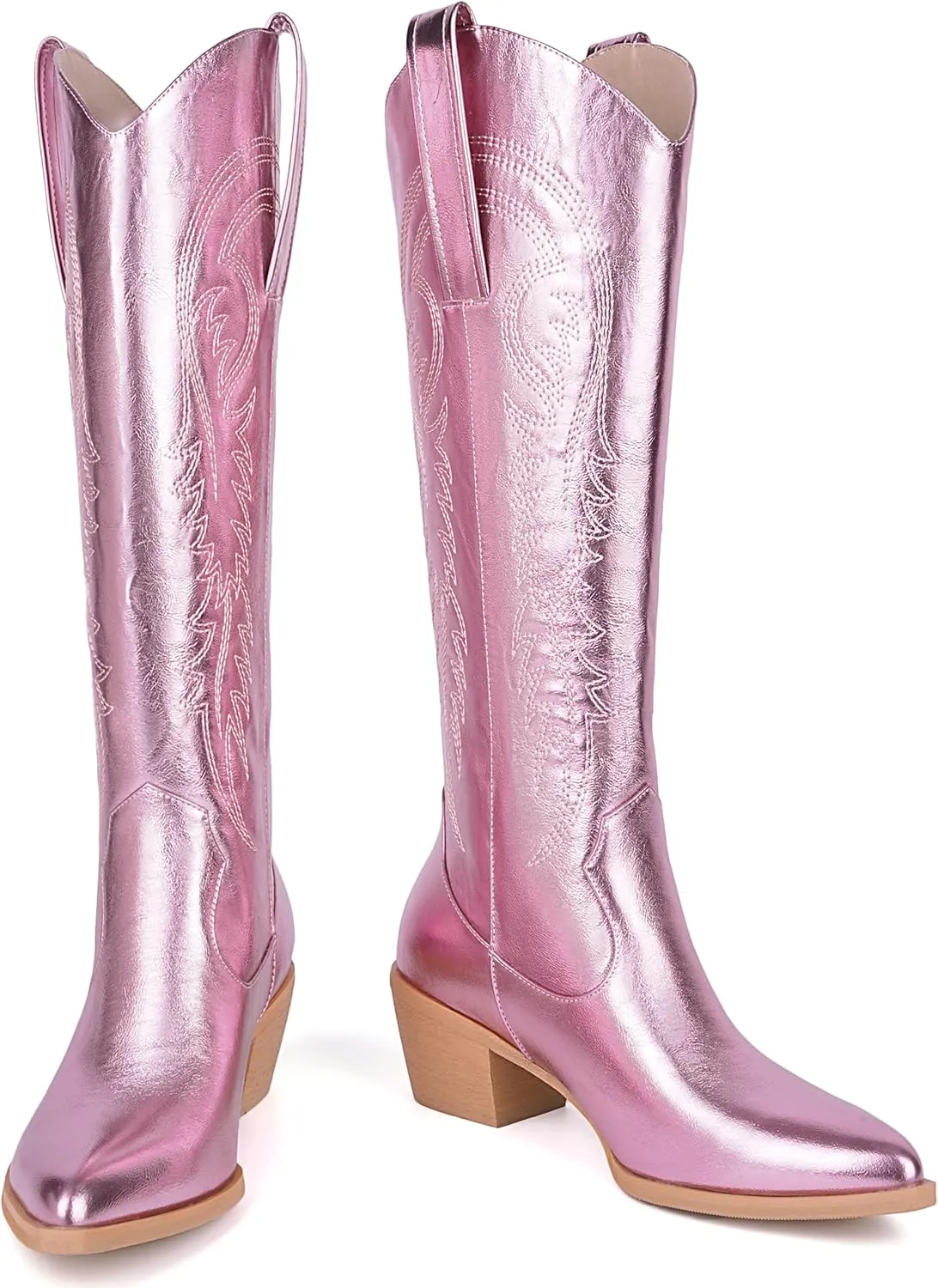 DOBOYG Women Cowboy Boots Western Embroidered Knee High Wide Calf Country Boots Chunky Heel Retro Classic Pull On Tall Cowgirl Boots for Women Perfect for Country Concert Outfits