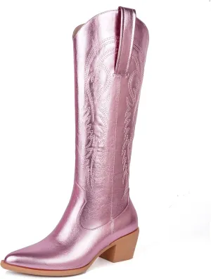 DOBOYG Women Cowboy Boots Western Embroidered Knee High Wide Calf Country Boots Chunky Heel Retro Classic Pull On Tall Cowgirl Boots for Women Perfect for Country Concert Outfits